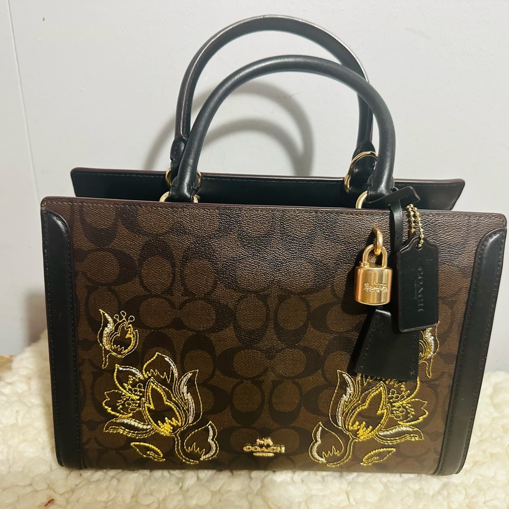 Coach Brown and Black Satchel with Gold Accents